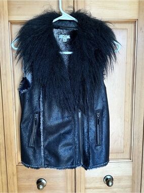 Cache Faux Leather & Fur Moto Vest Asymmetrical Zip M #19